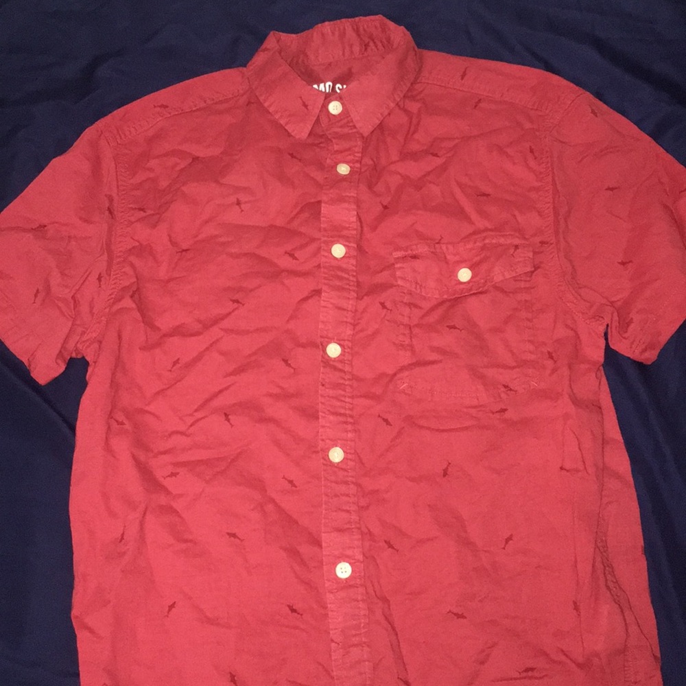 Quirky Casual Shark Print Button Down (Red)